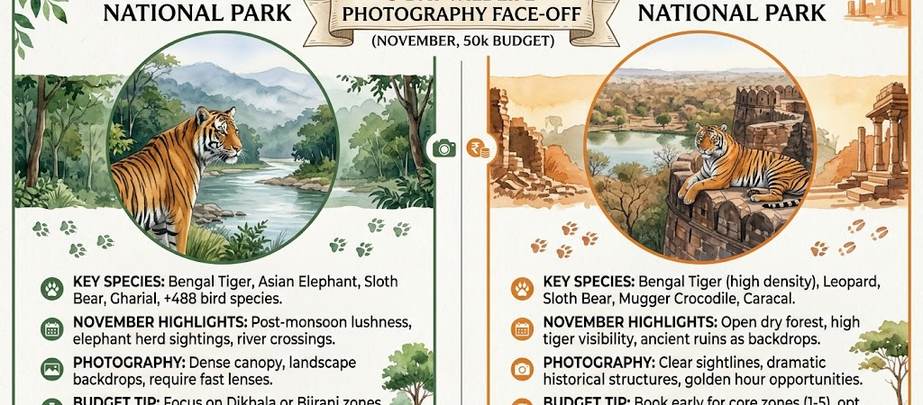 Compare Corbett and Ranthambore for a 5 Day Wildlife Photography Trip in November on a 50k Budget