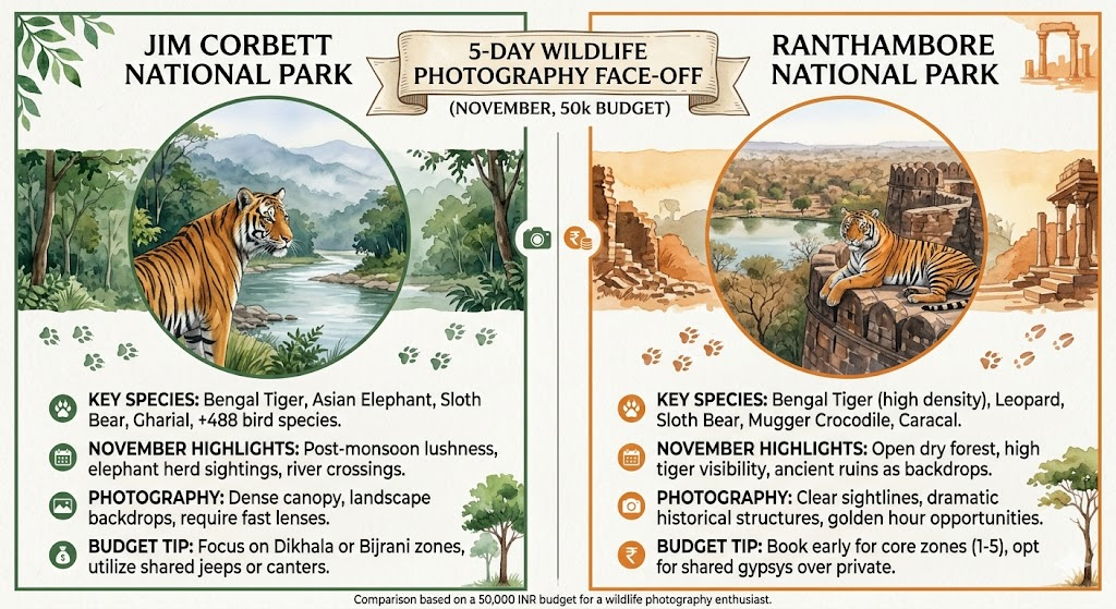 Compare Corbett and Ranthambore for a 5 Day Wildlife Photography Trip in November on a 50k Budget